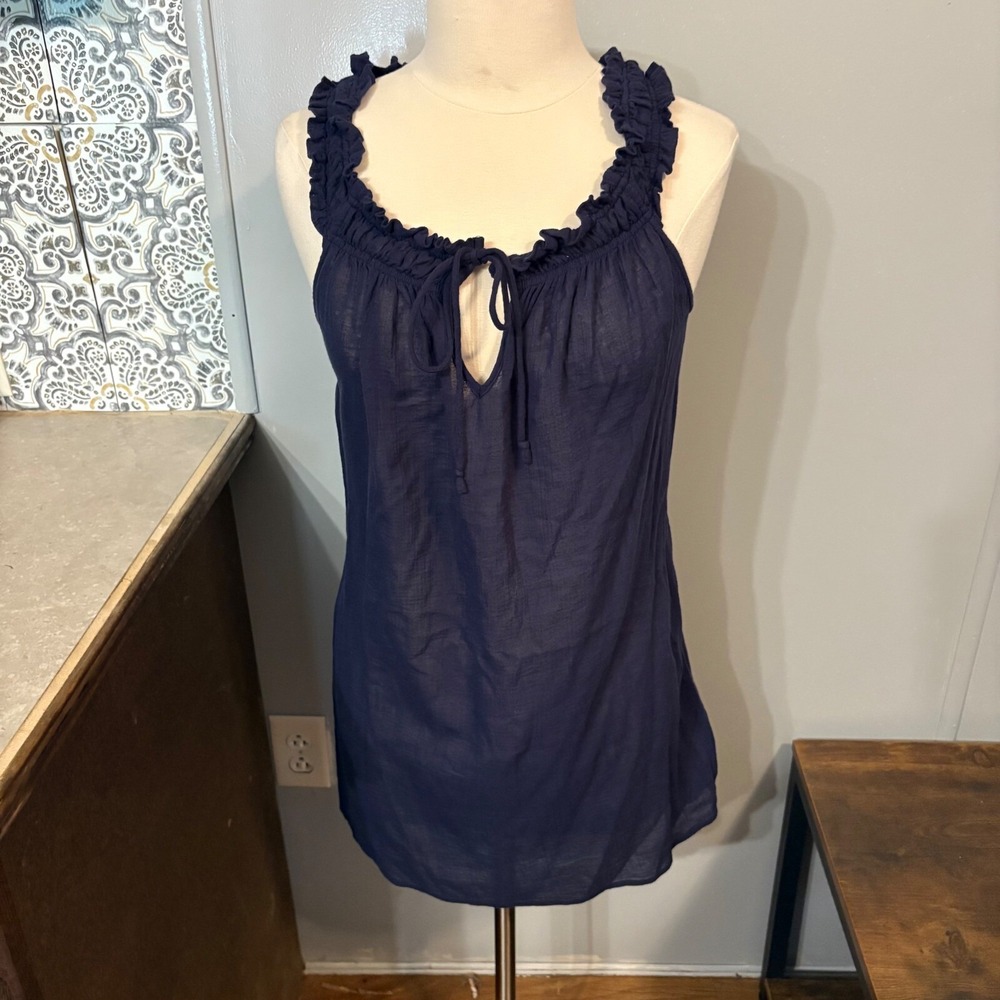 J. Crew Navy Blue Sheer Gauze Ruffle Tie Neck Sleeveless Dress (Women's‎ Small)